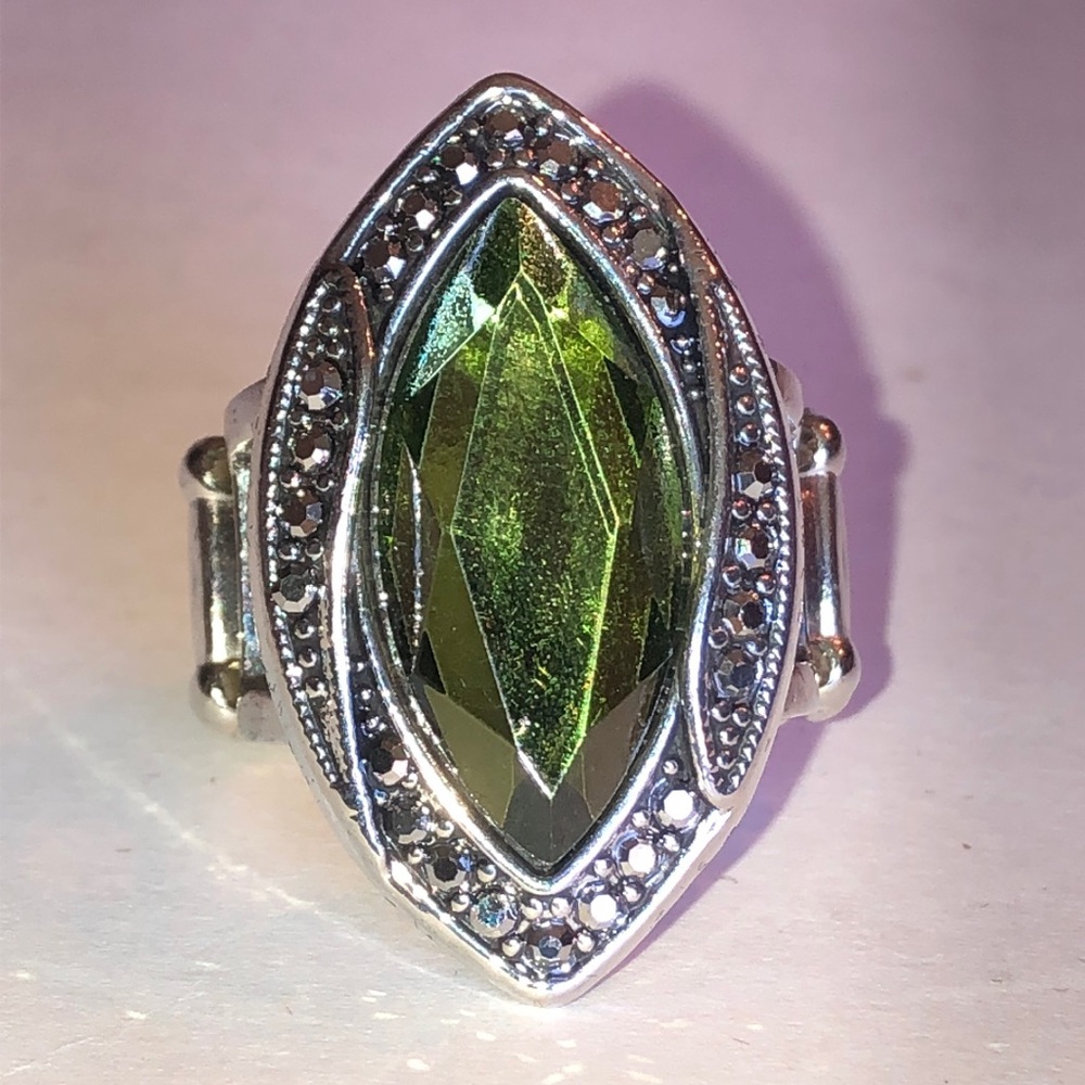 Silver Tone Marquise Ring with Green Rhinestone Accent